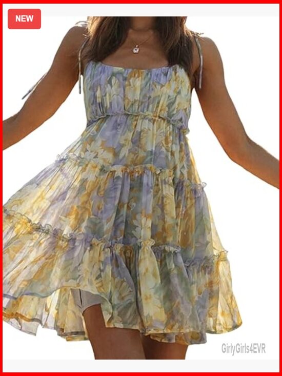 Dresses & Skirts - Floral Mini Dress Boho Flowy Skater Dress Spaghetti Strap Sleeveless